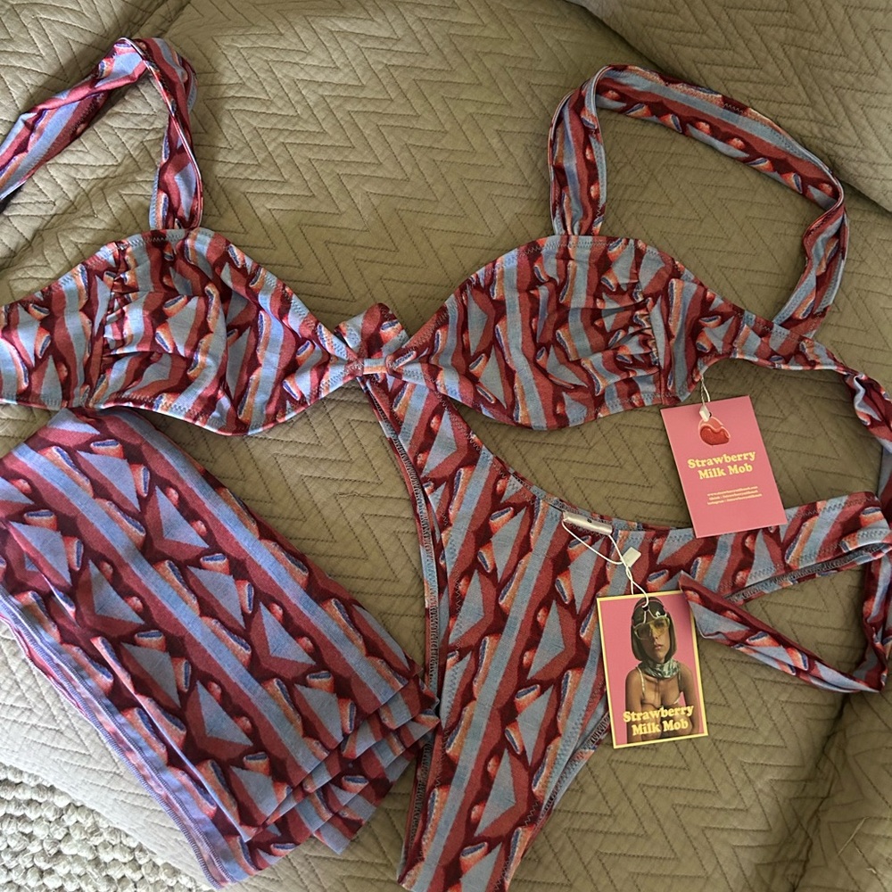 Strawberry Milk Mob bikini set with matching sarong skirt; Birthday Suit print